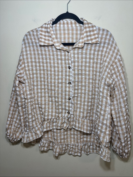 Tops - Beige and White Gingham Button-Front Women's Top